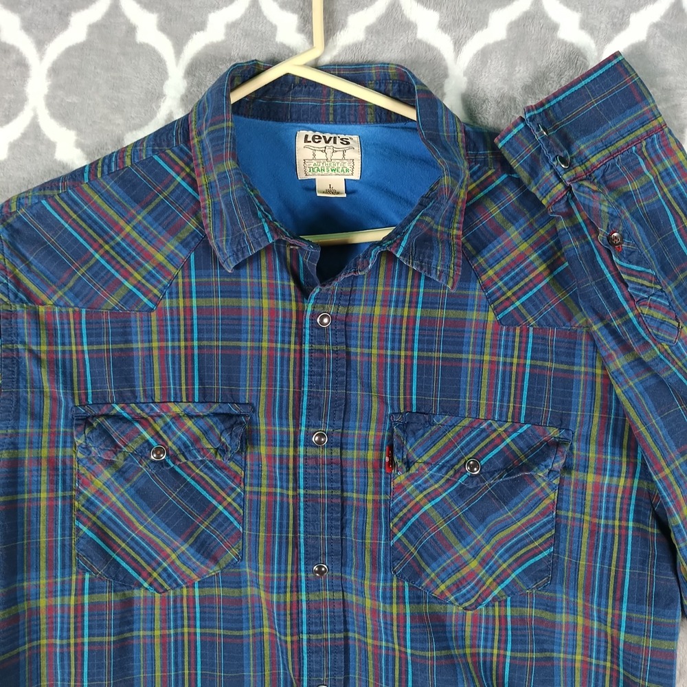 VTG 90s Levis Western Shirt Men L Blue Plaid Pearl Snap Long Sleeve Cowboy